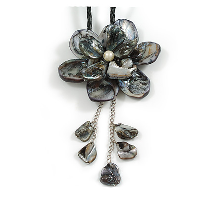 Large Shell Flower Pendant with Faux Leather Cord in Black/44cm L/3cm Ext/15cm Pendant/Slight Variation In Colour/Size/Shape/Natural Irregular - main view