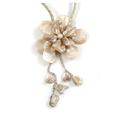 Large Shell Flower Pendant with Faux Leather Cord in Antique White/44cm L/3cm Ext/15cm Pendant/Slight Variation In Colour/Size/Shape/Natural Irregular - main view