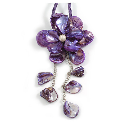 Large Shell Flower Pendant with Faux Leather Cord in Purple/44cm L/3cm Ext/15cm Pendant/Slight Variation In Colour/Size/Shape/Natural Irregularities - main view