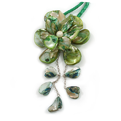 Large Shell Flower Pendant with Faux Leather Cord in Green/44cm L/3cm Ext/15cm Pendant/Slight Variation In Colour/Size/Shape/Natural Irregularities - main view