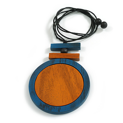 Blue/Orange Large Round Wooden Geometric Pendant with Black Cotton Cord Necklace - 92cm L/ 10.5cm Pendant - Adjustable - main view