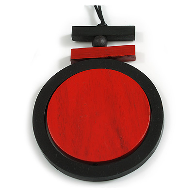 Black/Red Large Round Wooden Geometric Pendant with Black Cotton Cord Necklace - 92cm L/ 10.5cm Pendant - Adjustable - main view
