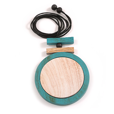 Turquoise/White Large Round Wooden Geometric Pendant with Black Cotton Cord Necklace - 92cm L/ 10.5cm Pendant - Adjustable - main view