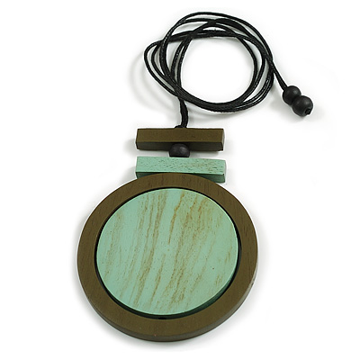Mint/Olive Green Large Round Wooden Geometric Pendant with Black Cotton Cord Necklace - 92cm L/ 10.5cm Pendant - Adjustable - main view