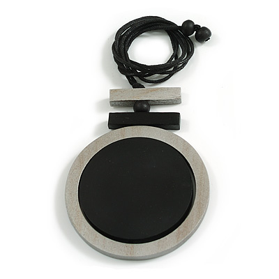 Black/Silver Large Round Wooden Geometric Pendant with Black Cotton Cord Necklace - 92cm L/ 10.5cm Pendant - Adjustable