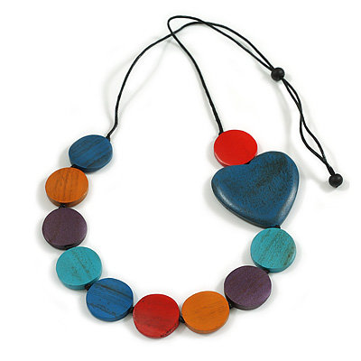 Multicoloured Wooden Coin Bead and Heart Black Cotton Cord Long Necklace/ 92cm Max Length/ Adjustable