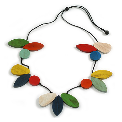 Multicoloured Oval/Round Wood Bead with Black Cotton Cord Long Necklace - 100cm L (Adjustable) - main view
