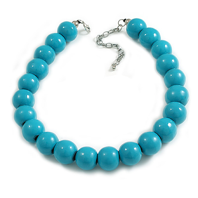 20mm D/Chunky Turquoise Coloured Polished Wood Bead Necklace in Silver Tone - 44cm L/10cm Ext - main view