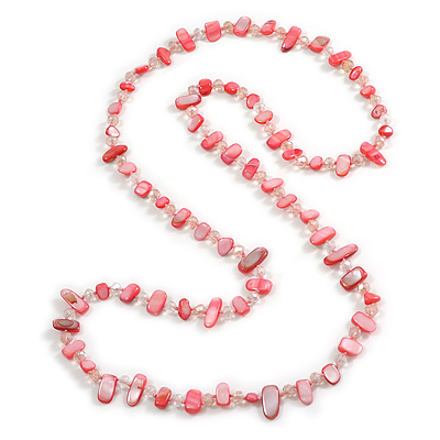 Long Watermelon Pink Shell Nugget and Clear Faceted Glass Bead Necklace - 120cm Long