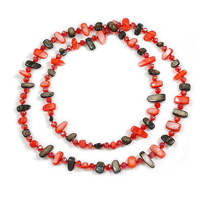 Long Red/Black Shell Nugget and Red Faceted Glass Bead Necklace - 112cm Long