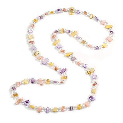 Long Pastel Yellow/Pink/Purple Shell Nugget and Clear Faceted Glass Bead Necklace - 120cm Long