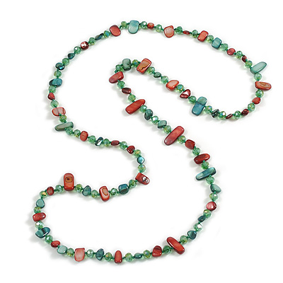 Long Jade Green/Ox Blood Red Shell Nugget and Green Faceted Glass Bead Necklace - 120cm Long