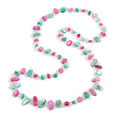 Long Shell Nugget and Clear Faceted Glass Bead Necklace in Mint Green/Fuchsia Pink - 106cm Long