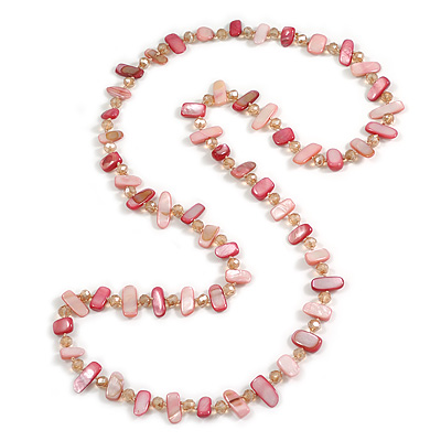 Long Salmon Pink/Flamingo Pink Shell Nugget and Beige Faceted Glass Bead Necklace - 114cm Long - main view