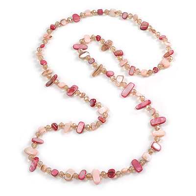 Long Shell Nugget and Faceted Glass Bead Necklace in Rose Pink/Pastel Pink/Beige - 116cm Long