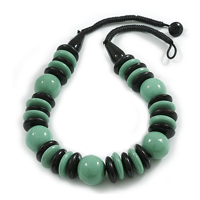 Chunky Style Mint Green/Black Wood Bead Cotton Cord Necklace - 64cm Long - main view