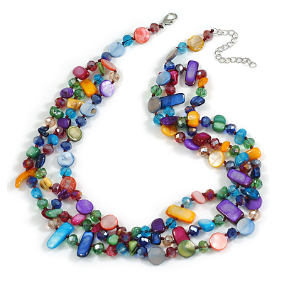 3 Strand Shell Nugget and Crystal Bead Necklace in Multi - 52cm L/ 7cm Ext