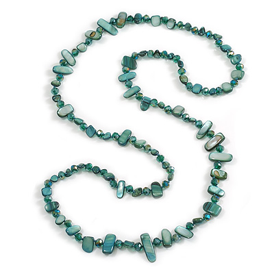Long Emerald Green Shell Nugget and Faceted Glass Bead Necklace - 110cm Long - main view