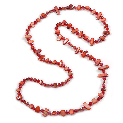 Long Rose Red Shell Nugget and Faceted Glass Bead Necklace - 116cm Long - main view