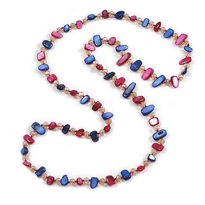 Long Shell Nugget and Faceted Glass Bead Necklace in Inky Blue/Aubergine/Beige - 112cm Long