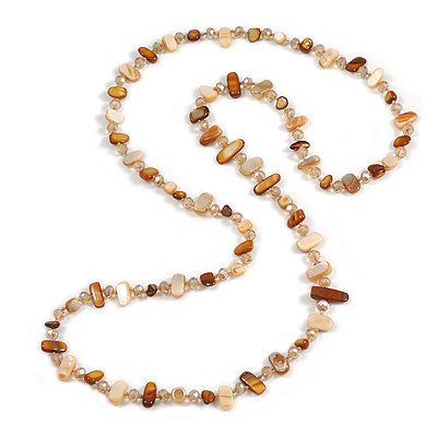 Long Shell Nugget and Beige Faceted Glass Bead Necklace in Light Cream/Brown Shades - 120cm Long
