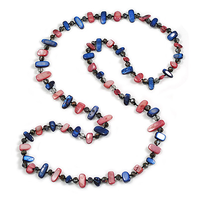 Long Violet Blue/Peony Pink Shell Nugget and Grey Faceted Glass Bead Necklace - 118cm Long