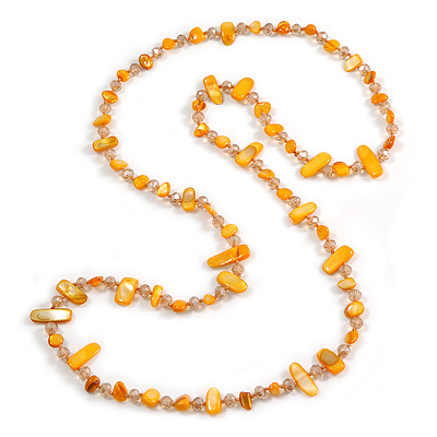 Long Orange Melon Shell Nugget and Faceted Glass Bead Necklace - 116cm Long