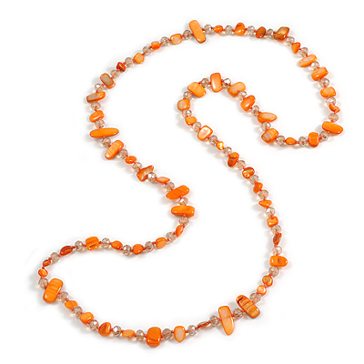 Long Pumpkin Orange Shell Nugget and Faceted Glass Bead Necklace - 110cm Long - main view
