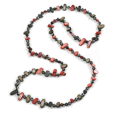 Long Shell Nugget and Ash Grey Faceted Glass Bead Necklace in Black/Red - 116cm Long