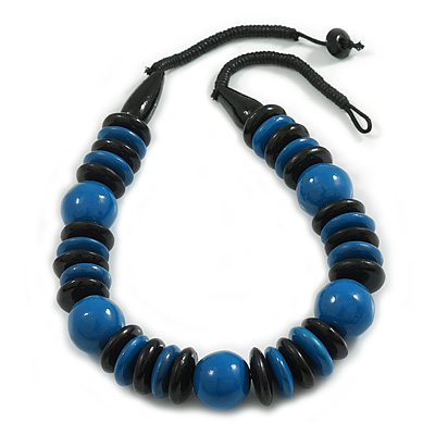 Chunky Style Blue/Black Wood Bead Cotton Cord Necklace - 64cm Long - main view