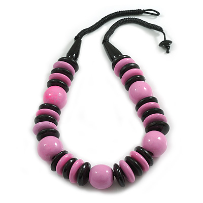 Chunky Style Marble Pink/Black Wood Bead Cotton Cord Necklace - 64cm Long - main view