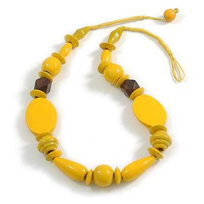 Yellow Wooden/ Glass Beaded Cotton Cord Necklace with Button/Loop Closure - 60cm Long - main view