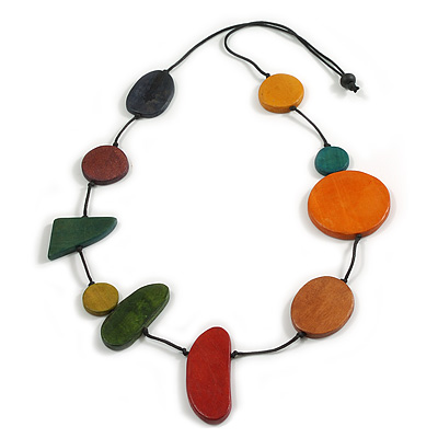 Washed Effect Multicoloured Wooden Bead Geometric Black Cord Long Necklace/ 100cm Long/ Adjustable - main view