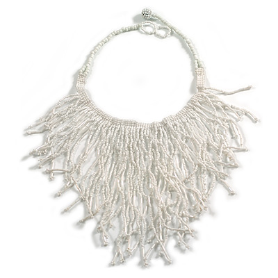 Statement Glass Bead Bib Style/ Fringe Necklace In Snow White - 38cm Long/ 15cm Front Drop - main view