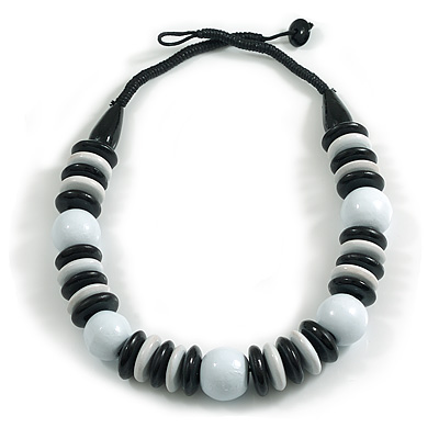 Chunky Style Light White/Black Wood Bead Cotton Cord Necklace - 64cm Long - main view