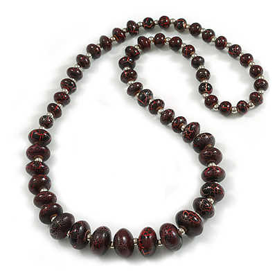 Cracked Effect Red/Pink/Black Graduated Wood Bead Long Necklace - 78cm Long
