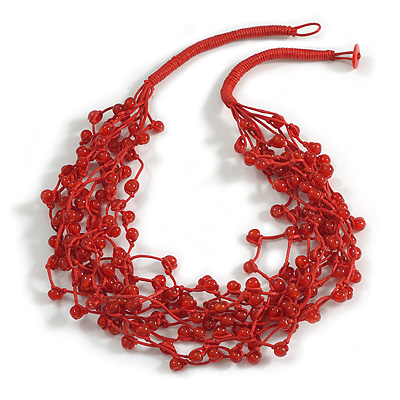 Multistrand Red Glass Bead Cotton Cord Necklace - 58cm Long - main view