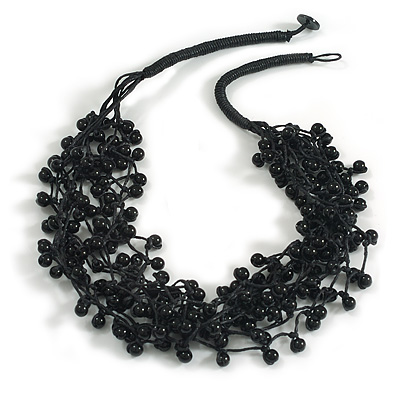 Multistrand Black Glass Bead Cotton Cord Necklace - 58cm Long