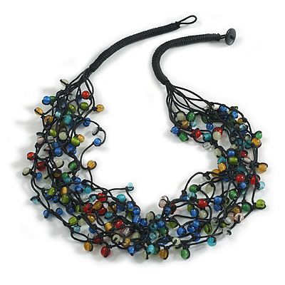 Multistrand Multicoloured Glass Bead Cotton Cord Necklace - 58cm Long