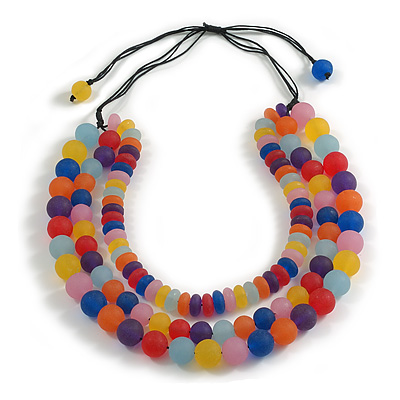 Chunky Layered Multicoloured Resin Bead Cotton Cord Adjustable Necklace - 68cm Max - 52cm Min Length