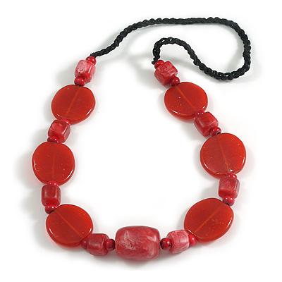 Chunky Resin and Glass Bead Black Cotton Cord Necklce in Red - 74cm L