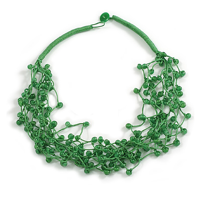 Multistrand Green Glass Bead Cotton Cord Necklace - 58cm Long