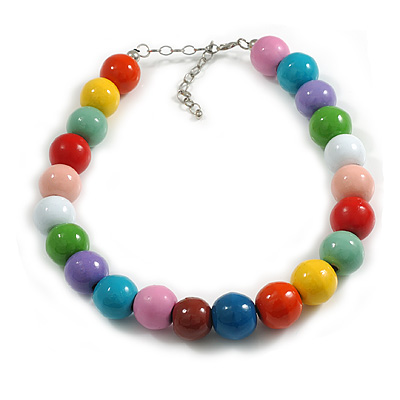 20mm/Chunky Polished Multicoloured Wood Bead Necklace - 43cm L/10cm Ext