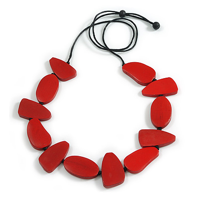 Geometric Red Wood Bead Black Cotton Cord Long Adjustable Necklace - 100cm Max Length