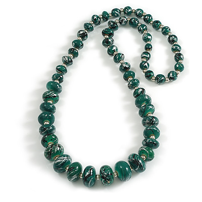 Graduated Wooden Bead Long Necklace in Green/Black/Metallic Silver Colours - 80cm Long