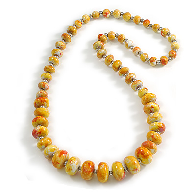 Long Graduated Oval/Round Wooden Bead Colour Fusion Necklace in Yellow/Orange/Red/White Colours - 80cm Long