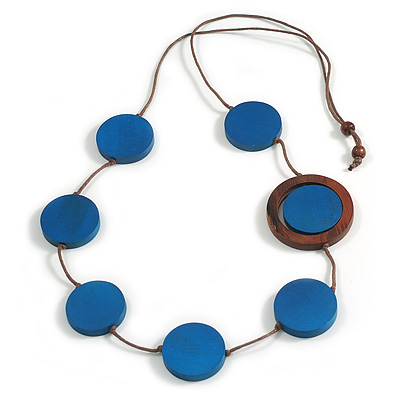 Blue/ Brown Coin Wood Bead Cotton Cord Necklace - 90cm Long - Adjustable
