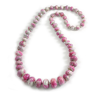 Long Graduated Oval/Round Wooden Bead Colour Fusion Necklace in Pink/Metallic Silver/White Colours - 80cm Long
