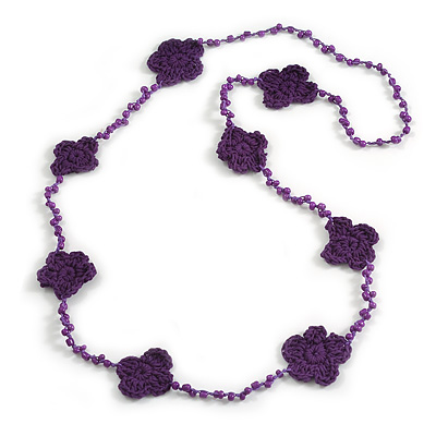 Handmade Purple Floral Crochet Glass Bead Long Necklace/ Lightweight - 100cm Long