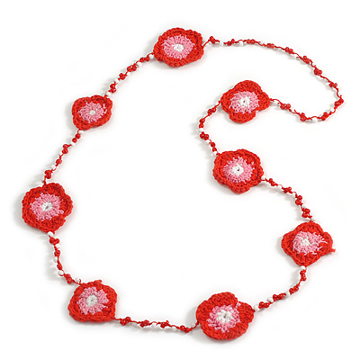 Handmade Red/Pink/White Floral Crochet Fire Red/White Glass Bead Long Necklace/ Lightweight - 100cm Long